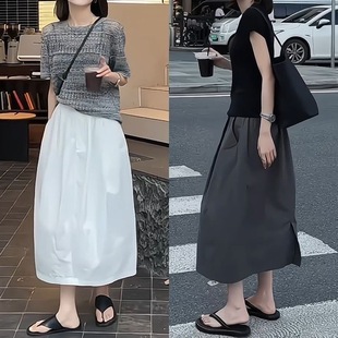 夏季 日系白色a字半身裙子女新款 高腰宽松设计感气质显瘦伞裙