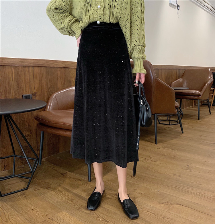 Real shot real price ~ gold velvet hip fish tail skirt + gold velvet versatile show thin women A-line big swing skirt