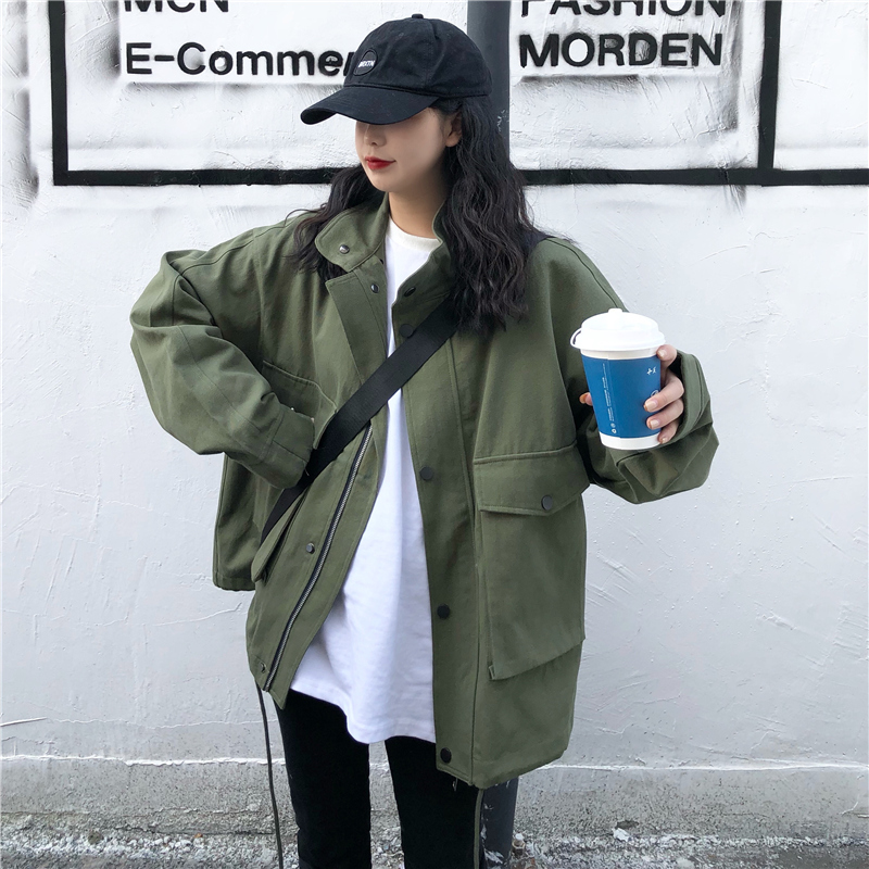 Live shooting spring loose casual jacket Korean work clothes and long sleeve trench coat