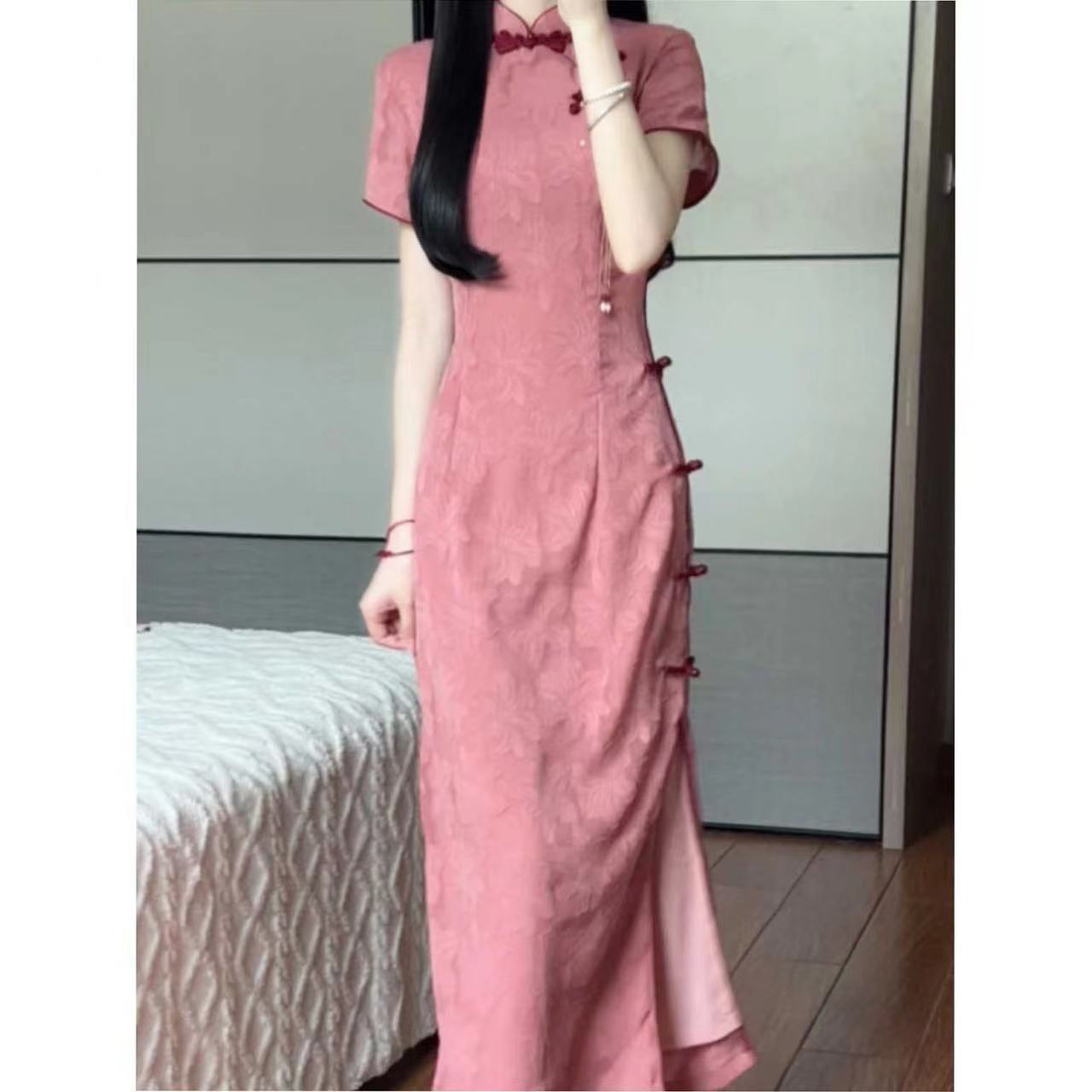 粉色改良旗袍女士夏季新款气质显瘦优雅年轻款民国风流苏连衣裙子