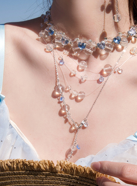 祝绪丹同款·绫蓝色水晶串珠多层流苏叠戴项链女小众高级感choker