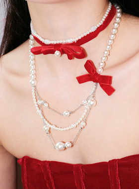 【双旦限定】小众miu系桃乐丝红丝绒choker赫本风珍珠多层项链