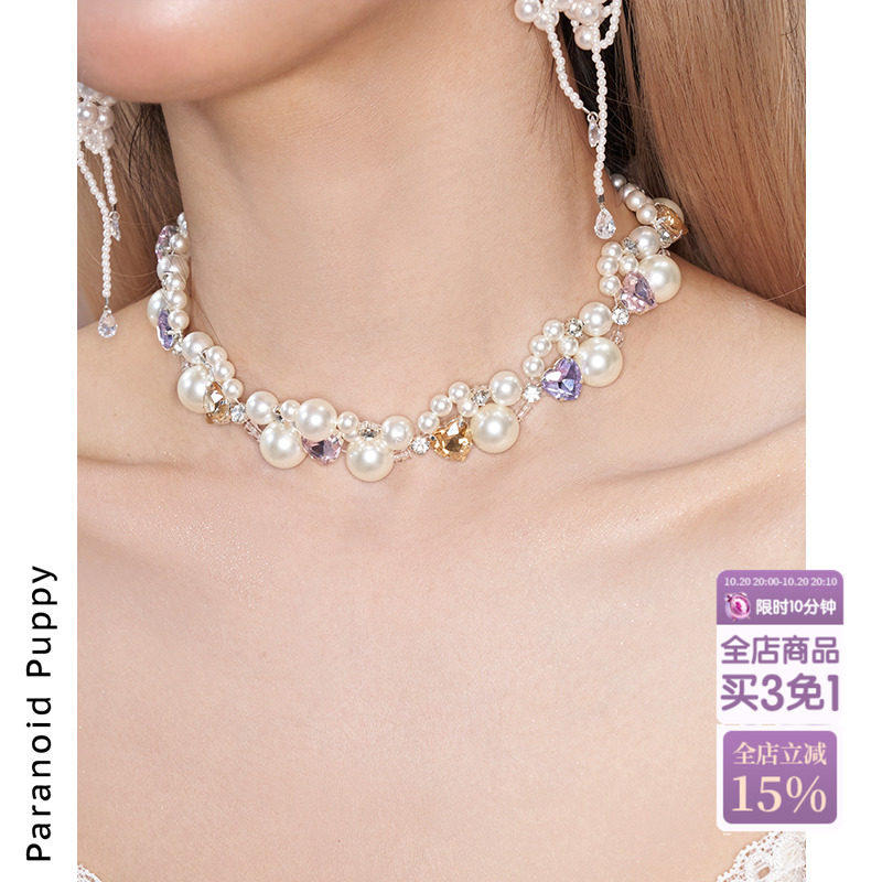明星同款·绫 vintage马卡龙爱心珍珠项链女小众轻奢锁骨链choker