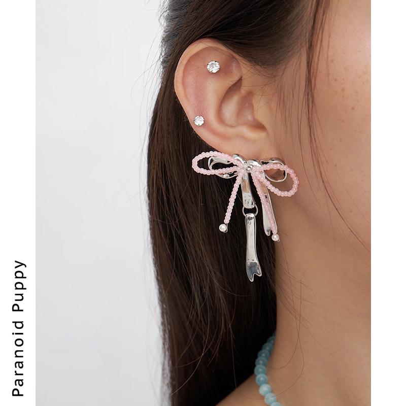 《波子汽水》甜酷y2k蝴蝶结串珠耳环女小众轻奢复古925纯银耳夹