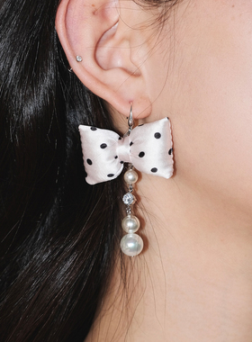 波点控miu系～缎面蝴蝶结耳环长款珍珠高级耳夹甜美风粉波点耳饰