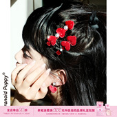 现货·PP饰品 绯红 红丝绒miu系珍珠爱心侧边夹甜美风发夹发饰