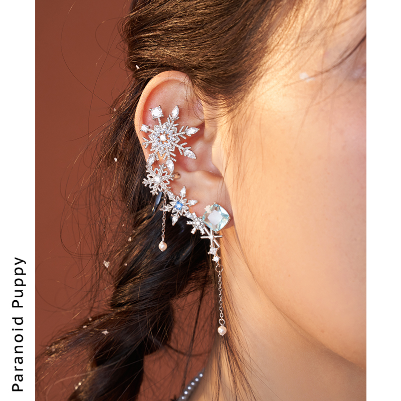 《落雪》雪花925纯银一体式流苏耳环女小众设计感耳饰无耳洞耳夹