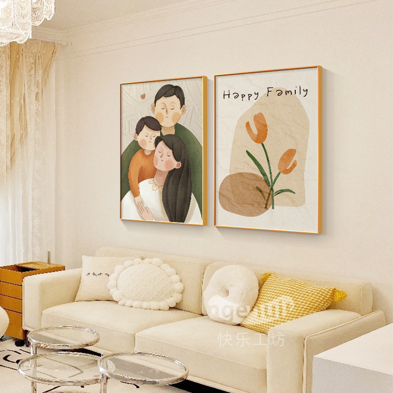客厅装饰画一家四口简约现代沙发背景墙壁画卧室温馨卡通人物挂画图片
