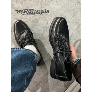 斜侧系带设计进口水洗马皮尖头皮鞋 解构 德比 重工系列 韩桥日记