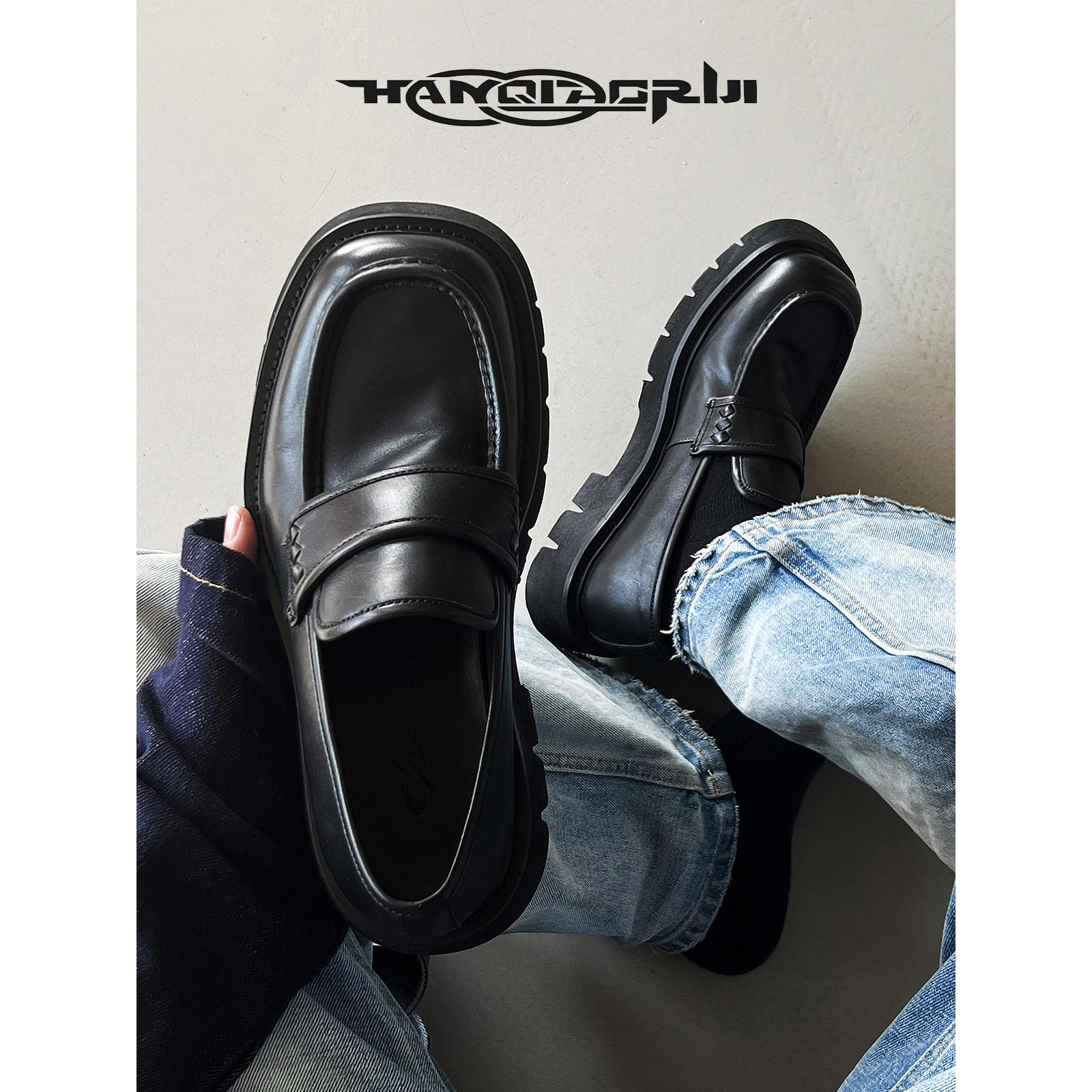 韩桥日记[黑血系列]头层牛皮一脚蹬乐福鞋男套脚方头德比皮鞋厚底,流行男鞋,休闲皮鞋,淘宝优惠券,粉丝福利购,淘宝优惠卷