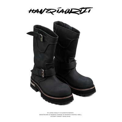 韩桥日记暗黑风牛皮厚底工程师靴