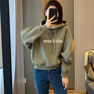 品牌折扣女装 连帽卫衣小个子秋冬加绒加厚百搭上衣 专柜欧洲站爆款