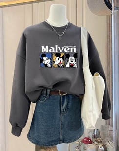 百搭加绒外套上衣服春秋冬季 圆领卫衣女宽松休闲时尚 薄款 2024新款