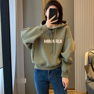 山东即墨正品加绒加厚连帽卫衣女欧货高级感宽松慵懒风上衣外套潮