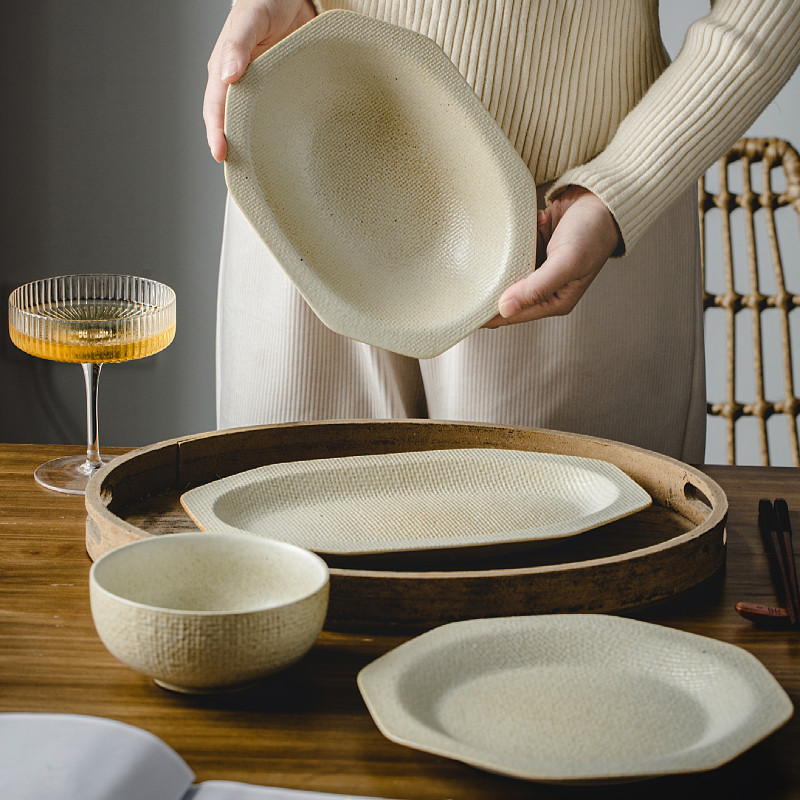 日式料理粗陶餐具复古家用米饭碗简约布纹陶瓷鱼盘菜盘焗饭碗深盘,餐饮具,盘,淘宝优惠券,粉丝福利购,淘宝优惠卷