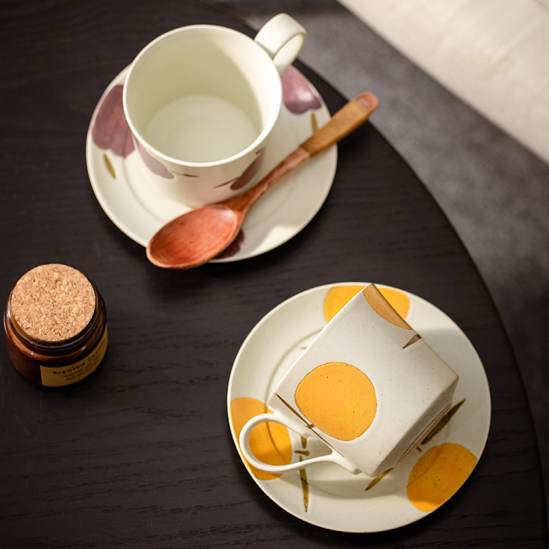 景德镇手绘粗陶咖啡杯碟套装日式文艺小资陶瓷拉花杯个性下午茶杯