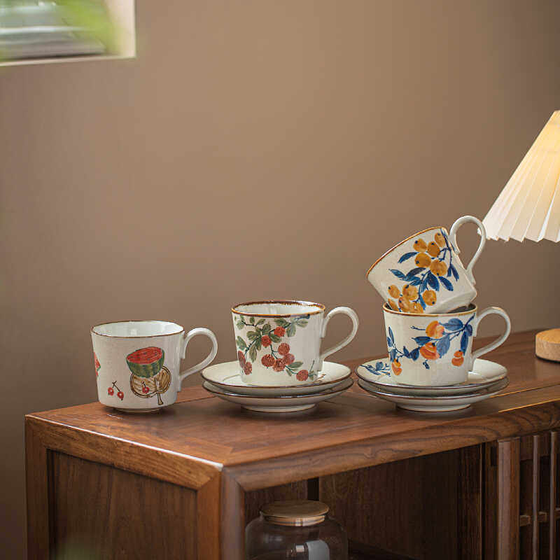 景德镇釉下五彩粗陶咖啡杯碟套装下午茶陶瓷杯水杯大容量牛奶杯