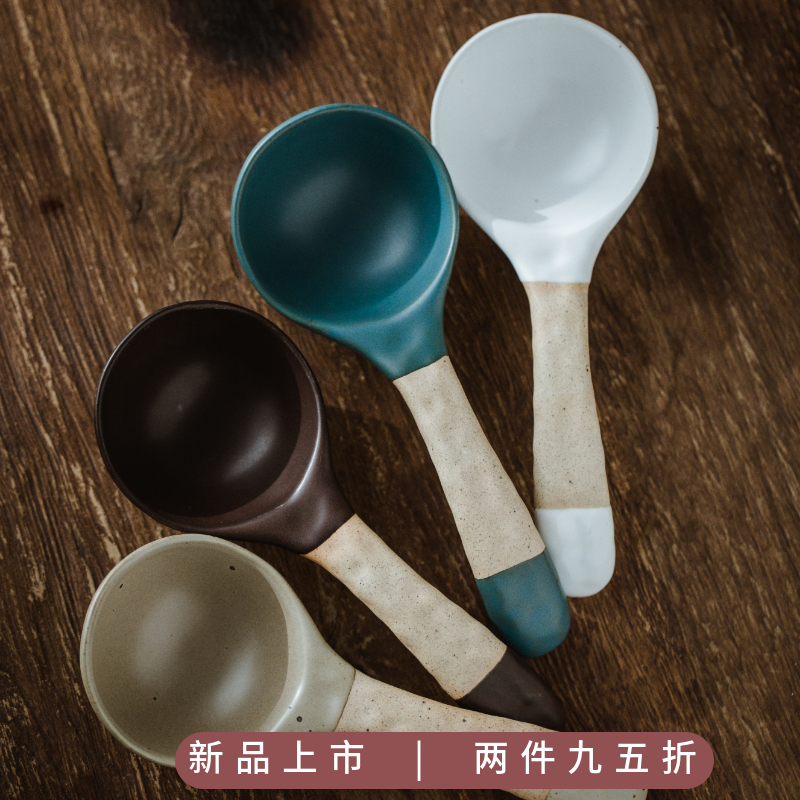 原创手工日式粗陶大号汤勺简约哑光纯色陶瓷调羹长柄家用餐厅饭勺