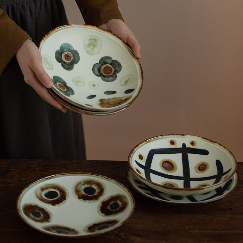 简约日式釉下彩手绘陶瓷菜盘家用酒店民宿糕点盘8寸深盘创意礼物,餐饮具,盘,淘宝优惠券,粉丝福利购,淘宝优惠卷