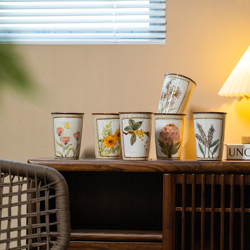 景德镇设计师原创陶瓷马克杯花卉水杯大容量咖啡杯日式手绘可乐杯