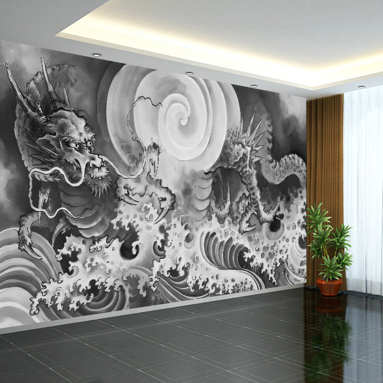 纹身店装饰背景布纹身墙纸壁画日式传统墙布中国风龙图背景墙壁纸