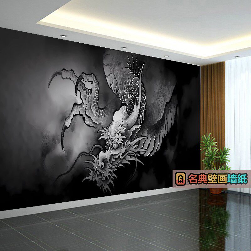 龙图案纹身店墙纸老传统墙布日式背景墙壁画装饰背景布中国风壁纸