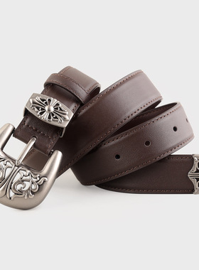 BradyMelivette朋克摇滚个性真皮腰带Y2K复古雕花扣头针扣皮带