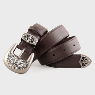 BradyMelivette朋克摇滚个性 真皮腰带Y2K复古雕花扣头针扣皮带