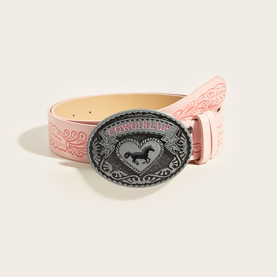 美式复古粉色皮带女士压花马图案