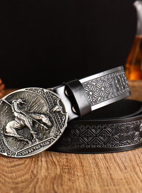 BradyMelivette新款西部牛仔牛头巴扣潮流复古银青年男女朋克街头