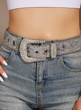 Brady&Melivette水钻皮带女ins风宽腰带针扣式时尚个性牛仔裤带