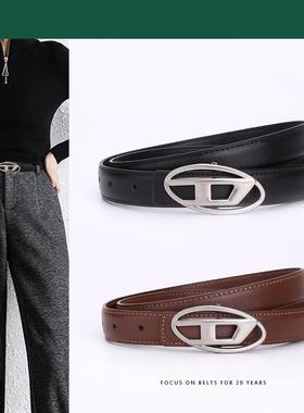 D字母金属扣真皮腰带高级感y2k牛仔裤裤带时尚百搭牛皮皮带