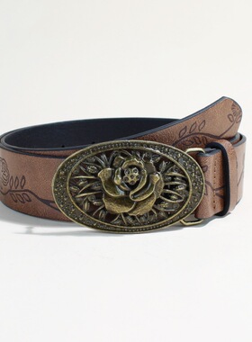 BradyMelivette复古朋克风玫瑰花扣压花棕色纹理腰带时尚辣妹皮带