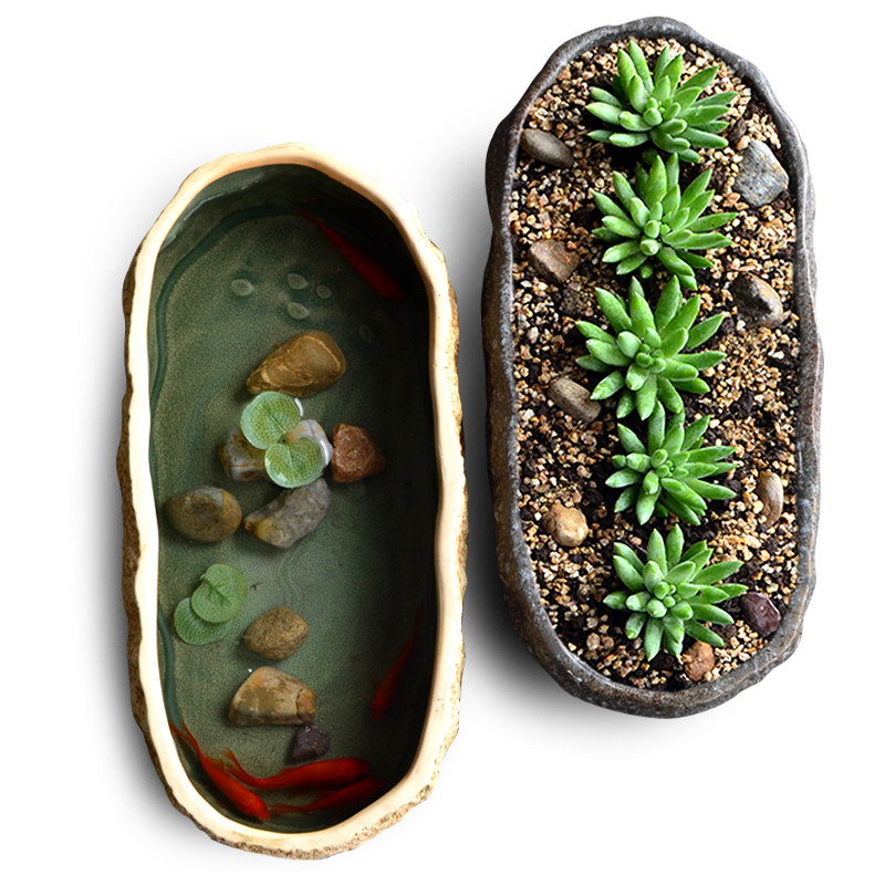 水仙花盆多肉花盆陶瓷无孔铜钱草养鱼缸仿石头大号绿萝水培植物i.