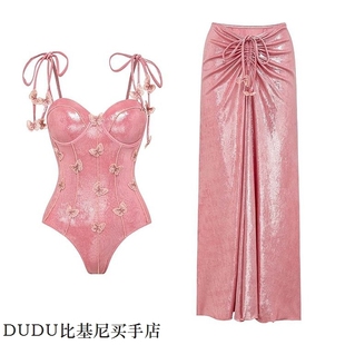 跨境爆款 2024欧美新款 亚马逊发光面料蝴蝶结连体泳衣女装