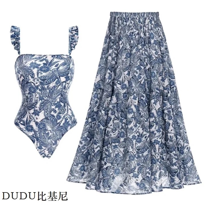 2024欧美爆款泳装女蓝蜻蜓荷叶边连体泳衣和伞裙套装