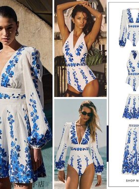 2025欧美新款亚马逊长袖连体泳衣女收腰显瘦套装裙25326