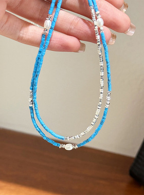 欧美简约时尚高级感气质百搭碎银子松石串珠项链轻奢小众锁骨链女