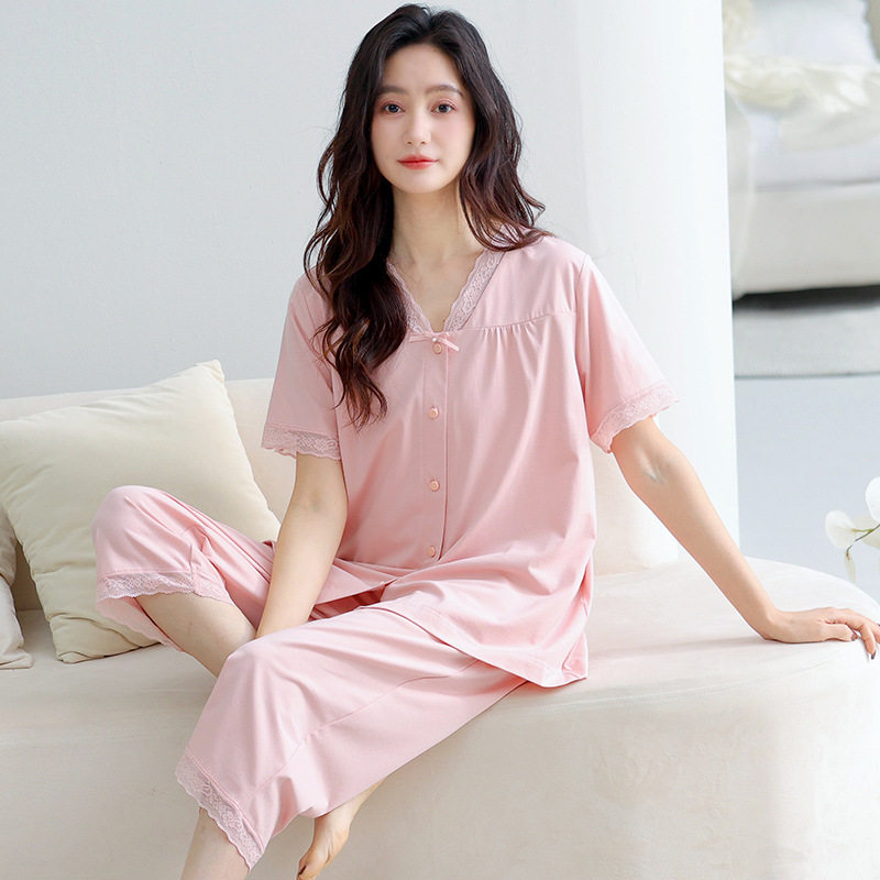 睡衣女夏季纯棉短袖七分裤女款夏睡衣/家居服套装