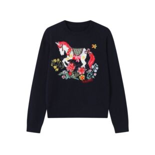 南油高定秋冬新款新年蓝色烫钻小马刺绣重工圆领套头针织衫毛衣女