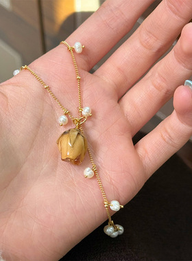 韩系甜美清新时尚精致干花淡水珍珠项链轻奢小众设计感流苏锁骨链