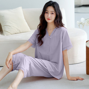 夏天中年高级感宽松夏款 睡衣女士夏季 薄款 七分裤 家居服 纯棉短袖