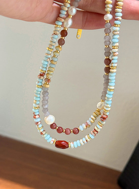 复古时尚气质百搭简约彩色算盘珠叠戴项链轻奢高级感串珠锁骨链女