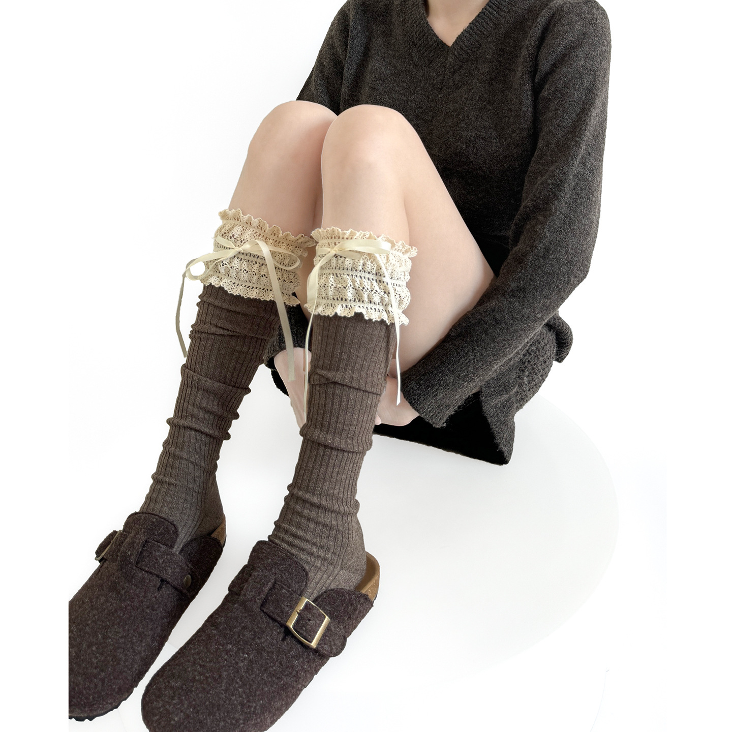 甜美花边洛丽塔长筒袜女秋冬蝴蝶结保暖堆堆小腿袜白色jk过膝袜