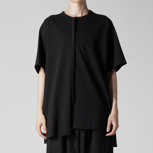 T恤男士 YOJI 饰不规则下摆短袖 日系原创黑色拼接纽扣飘带装 OOAK