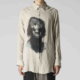YOJI 原创设计领子纽扣设计感怪兽大眼睛印花男款 亚麻衬衫 男 OOAK
