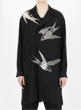 YOJI OOAK 日系原创设计印花三只燕子黑色真丝长袖衬衫暗黑宽松男