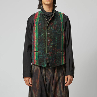 YOJI OOAK日系原创复古拼色文艺立领马甲多口袋丝绒马夹男小众潮