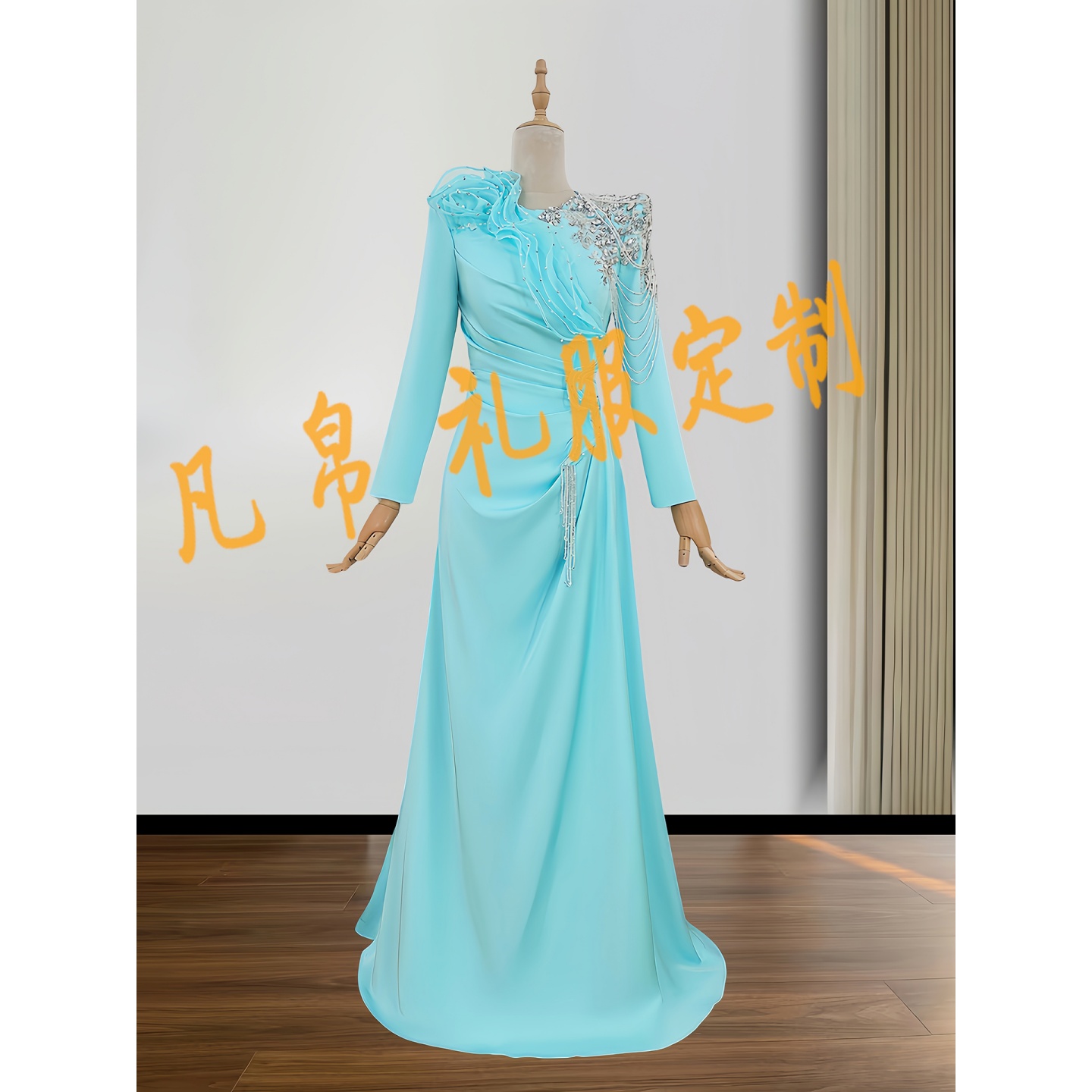 凡帛实拍薄荷绿色独唱音乐会演出服主持人宴会定制高级感晚礼服