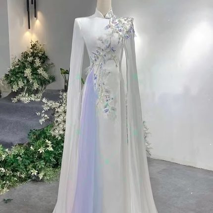 定制学生艺考礼服白色水袖重工古筝演奏礼服舞台表演服装2024夏季